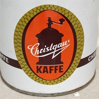 hvid metal rund kaffedåse dekoration orange guld brun Christgav kaffe og kaffemølle i guldcirkel retrodåse